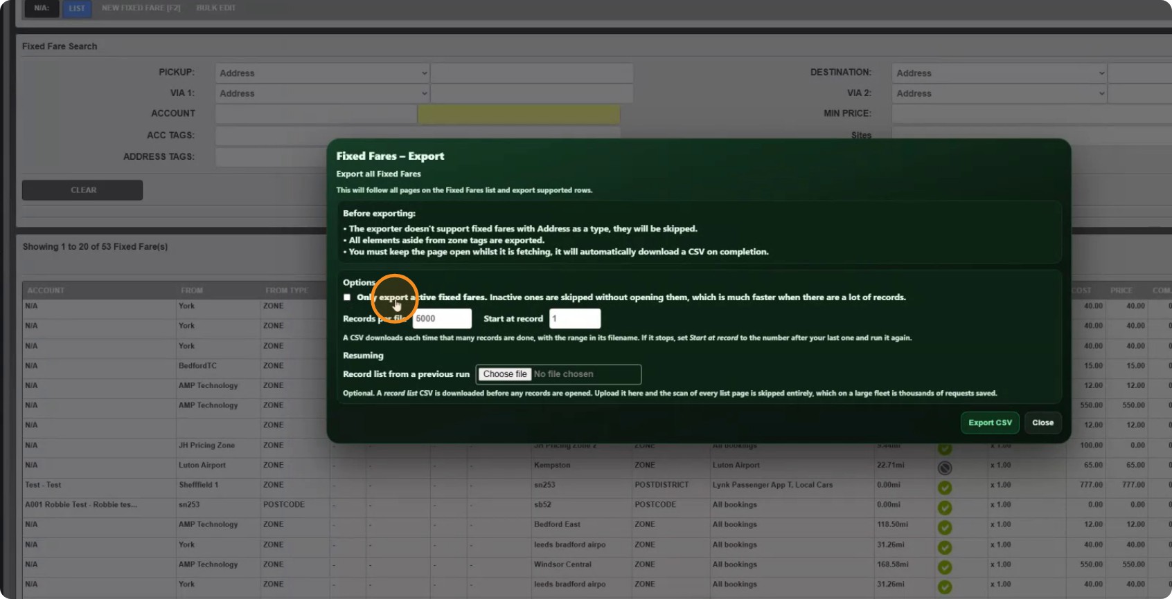 The export options